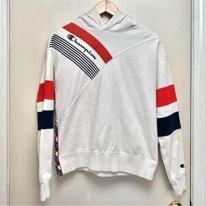 Champion Vintage Men's White Hoodie with Red and Navy Stripes